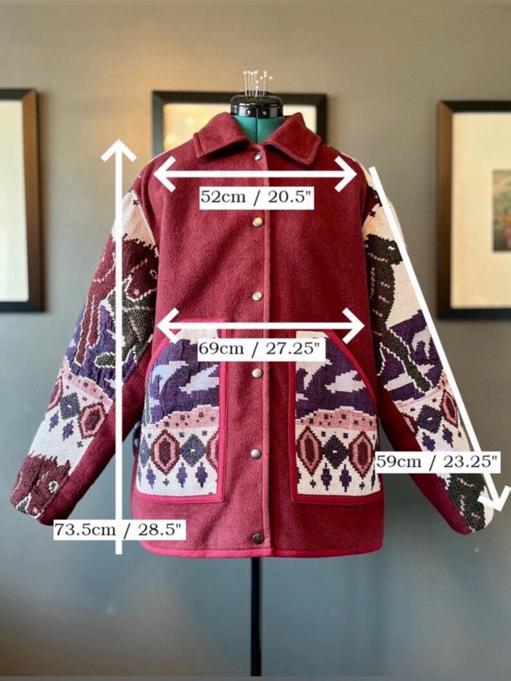 Galloping horses chore coat, reworked woven blanket, ladies' size L-2XL - Picture 2 of 16